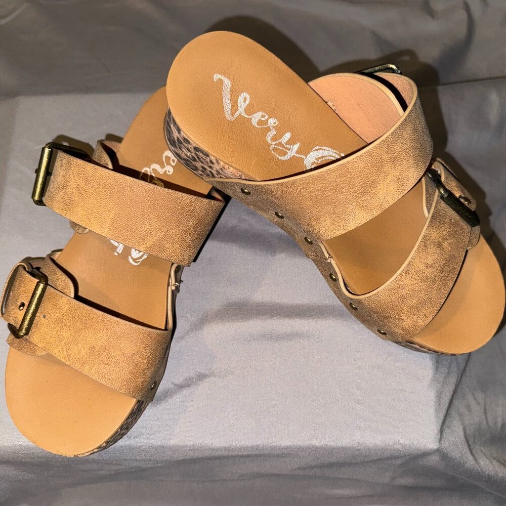 Very G Tan Double Strap Platform Sandals Cork Wedge Comfort Slides